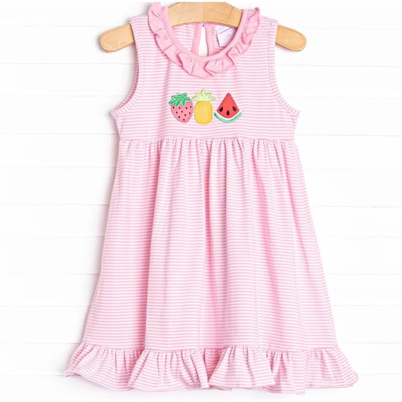 Stitchy Fish Girls Pink Striped Fruit Applique Sleeveless Dress 4T Toddler - Picture 1 of 6
